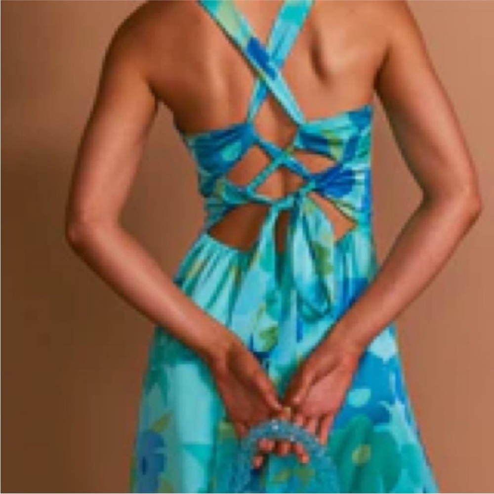 Show Me Your Mumu Mina Turquoise Floral Midi Dress Small Slit Resort Vacation - Picture 6 of 6